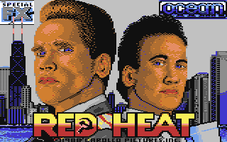 Red Heat (Commodore 64) screenshot: Loading screen featuring Schwarzenegger and Belushi.