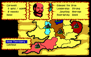 Defender of the Crown (PC Booter) screenshot: A territory owned by Edmund Grim, a Norman Lord. (EGA/Tandy)
