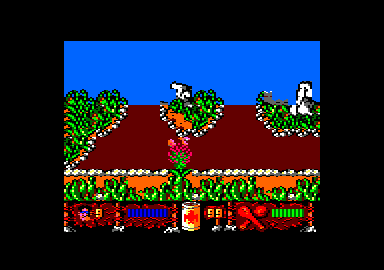 Los Inhumanos (Amstrad CPC) screenshot: Flower: "Mmm! Caveman tasty!"