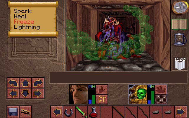 Lands of Lore: The Throne of Chaos (DOS) screenshot: Acidic gas has an interesting effect on a monster