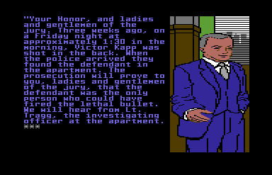 Perry Mason: The Case of the Mandarin Murder (Commodore 64) screenshot: The court case begins.