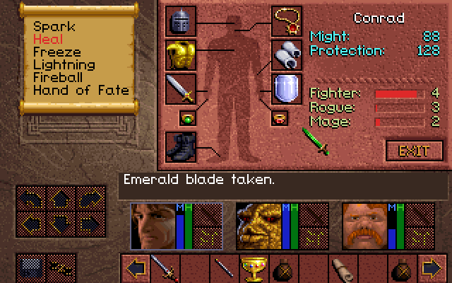 Lands of Lore: The Throne of Chaos (DOS) screenshot: Your character's statistics and stuff he/she carries