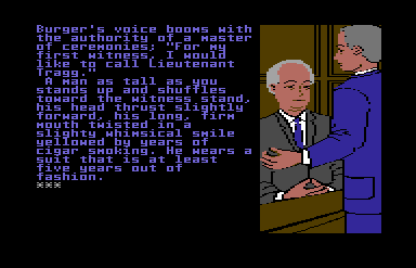 Perry Mason: The Case of the Mandarin Murder (Commodore 64) screenshot: Order in the court! I'll have a cheeseburger!