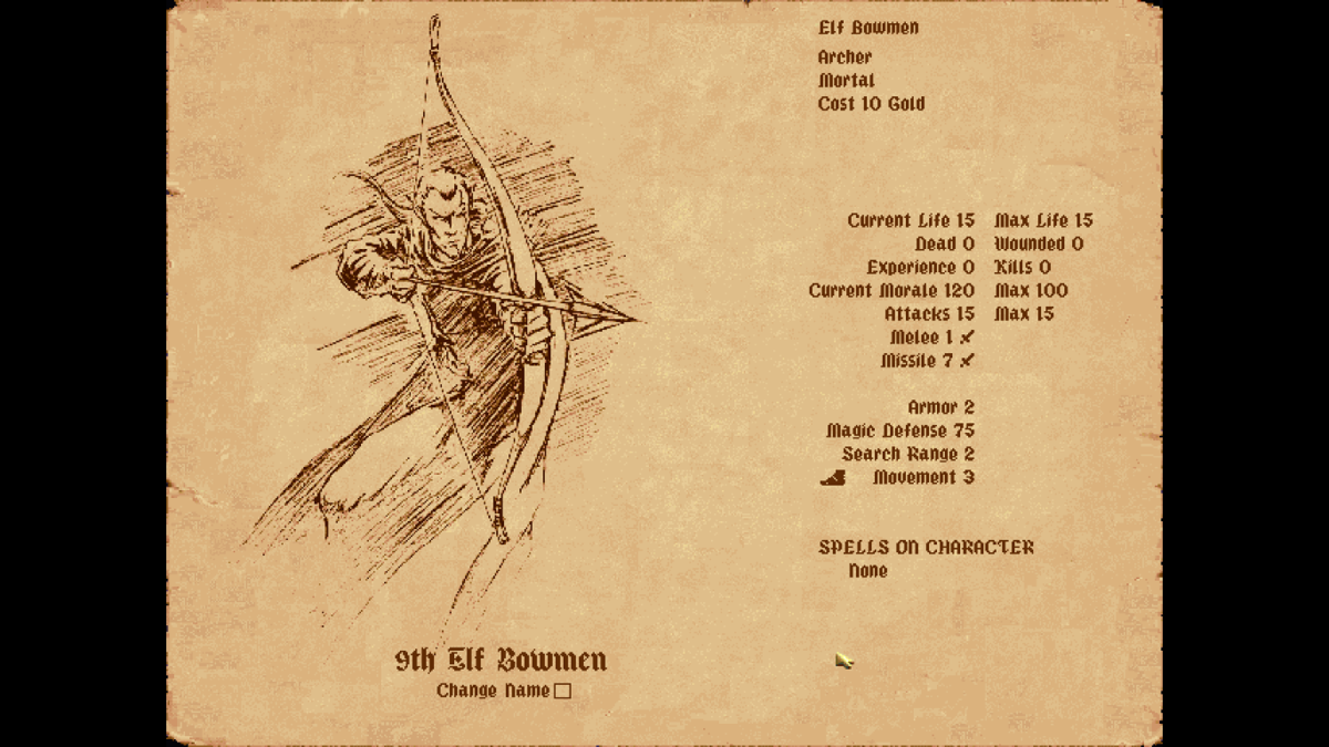 Fantasy General (Macintosh) screenshot: Elf Bowmen unit stats (fullscreen mode)