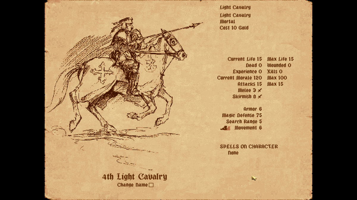 Fantasy General (Macintosh) screenshot: Light Cavalry unit stats (fullscreen mode)