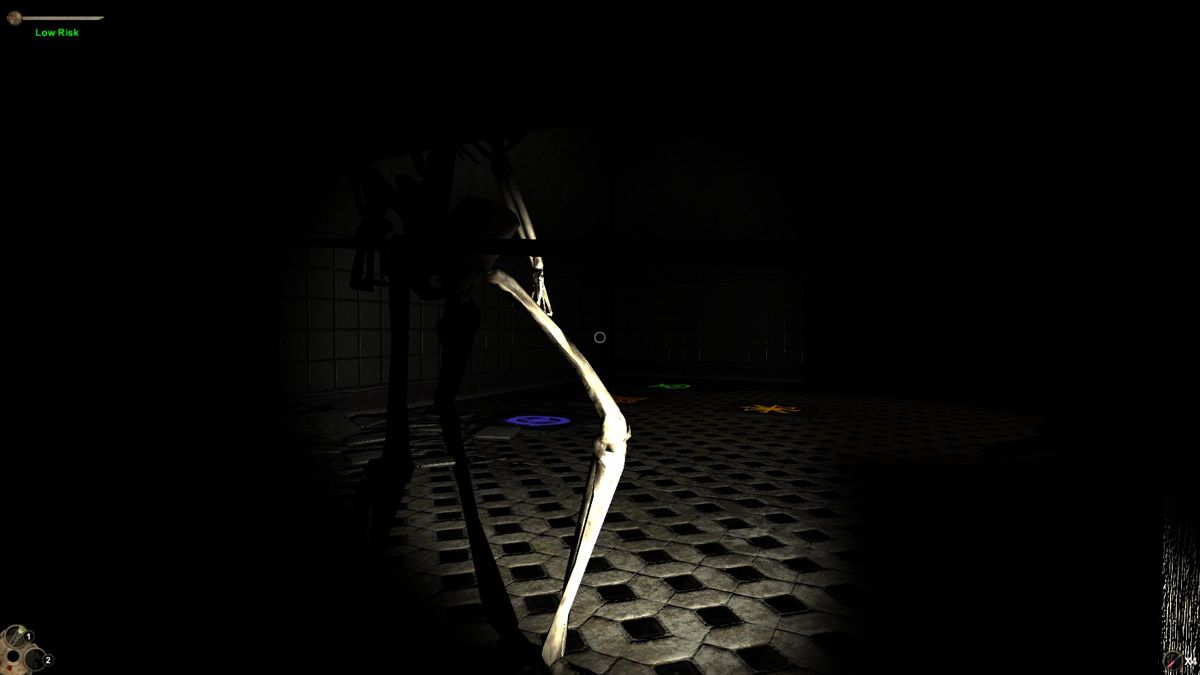Horror in the Asylum (Windows) screenshot: Hiding from the skeleton under a table.