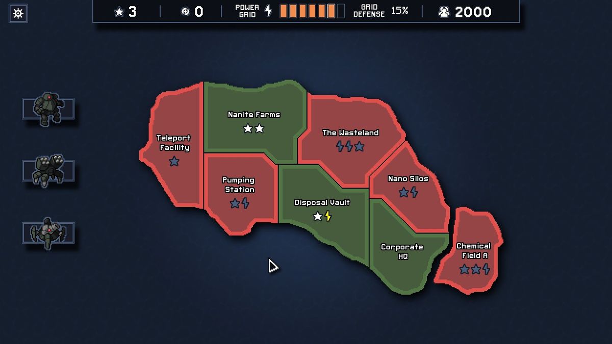Into the Breach (Windows) screenshot: The red areas contains Vek, and can be chosen. Green areas are already cleared.