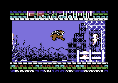 Gryphon (Commodore 64) screenshot: "Hey, Ma. Look at me. I'm flying, I'm flying."