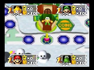Mario Party 3 (Nintendo 64) screenshot: Peach losing coins after passing through the Koopa Bank.