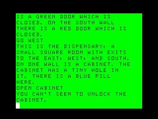 Bedlam (TRS-80 CoCo) screenshot: Found the dispensary; should I take the blue pill?