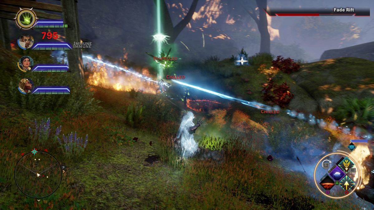 Dragon Age: Inquisition - Jaws of Hakkon (PlayStation 4) screenshot: Fighting the demons coming out of the fade rift near your base camp