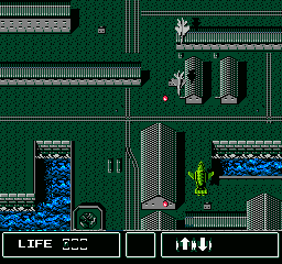 Thunderbirds (NES) screenshot: Flying over some dwellings