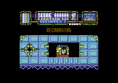 Scumball (Commodore 64) screenshot: At the recharging station