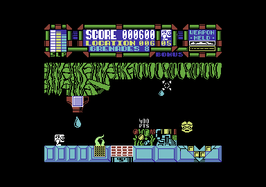 Scumball (Commodore 64) screenshot: Avoid the blue raindrop