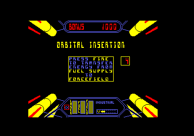 Starstrike II (Amstrad CPC) screenshot: I am being attacked. Do I want to transfer fuel to the forcefields?