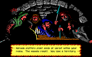 Defender of the Crown (PC Booter) screenshot: Evil Normans plotting an evil plot... (EGA/Tandy)