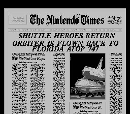 Space Shuttle Project (NES) screenshot: It even gets a mention in the local newspaper, “The Nintendo Times”