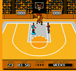 Roundball: 2-On-2 Challenge (NES) screenshot: The basketball is above the rim