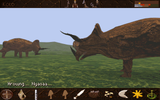 Lost Eden (DOS) screenshot: The triceratops are invaluable since they help reinforce your citadels.