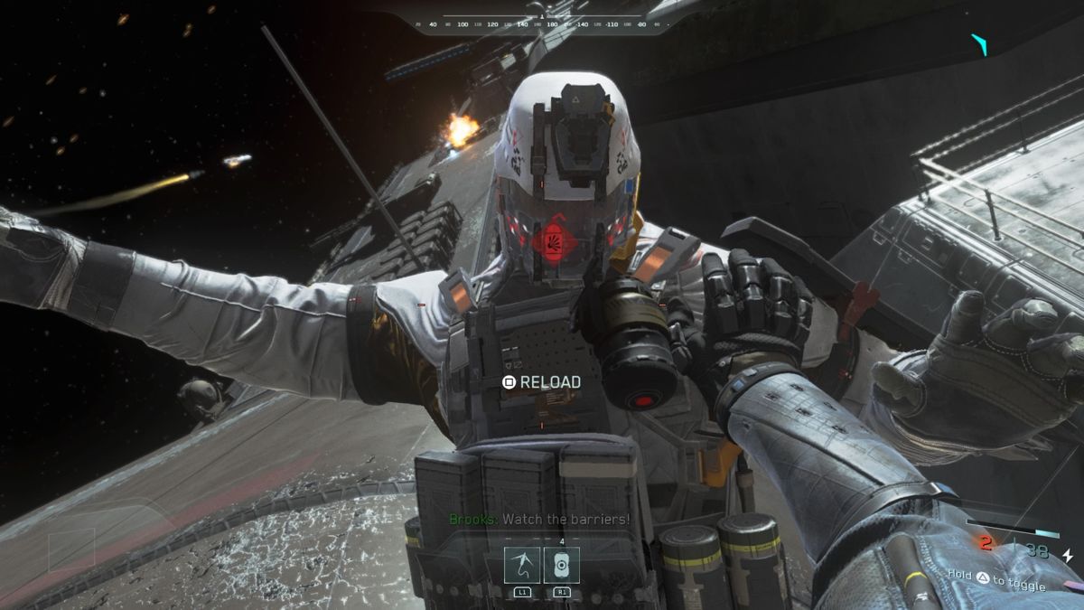 Call of Duty: Infinite Warfare (PlayStation 4) screenshot: There are several pre-defined quick kill moves in space when you use your grappling hook and pull in the enemy soldier
