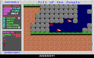 Jill of the Jungle (DOS) screenshot: You can transform into a flamebird by collecting this red symbol. I'm this flamebird on the left.