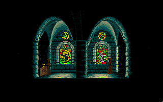 Future Wars: Adventures in Time (DOS) screenshot: Nice stain glass windows there have here.