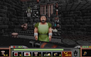 Strife (DOS) screenshot: This guy sells all kinds of armour