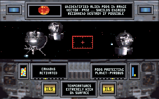 CyberGenic Ranger: Secret of the Seventh Planet (DOS) screenshot: Some probes will try to destroy your ship on the way to the 6th planet. Shoot them!