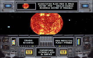 CyberGenic Ranger: Secret of the Seventh Planet (DOS) screenshot: Aproaching the 6th planet - Pyrobus