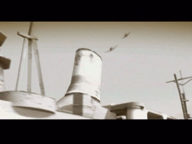Dogfight: Battle for the Pacific (PlayStation 2) screenshot: The game starts with a short sepia-toned animated sequence showing two US fighters attacking a small Japanese fleet
