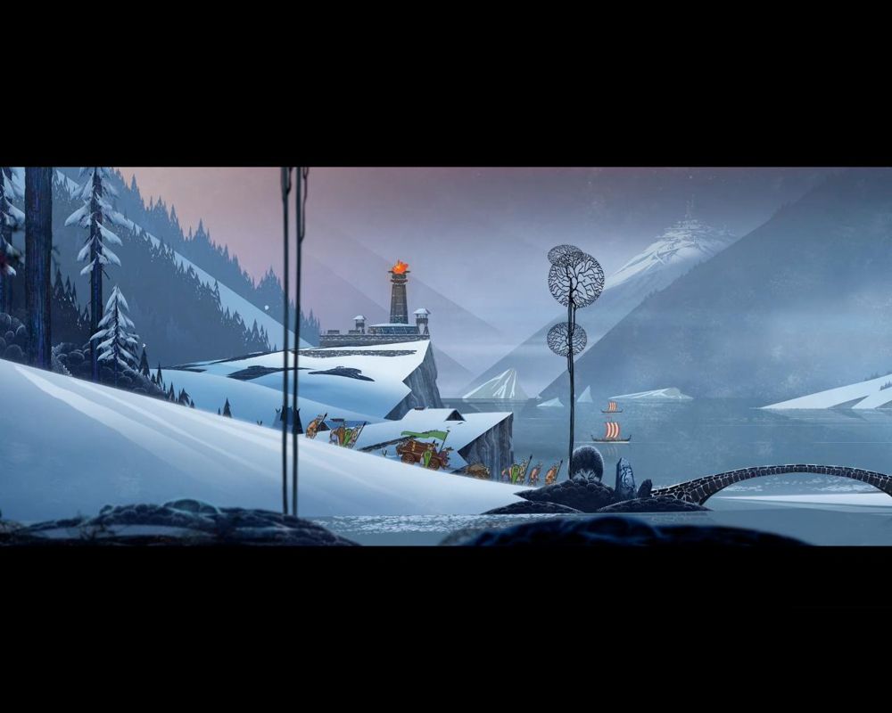 The Banner Saga (Windows) screenshot: Story - The party's caravan travelling to the nearest town. These animations of the caravan travelling various lands are frequent throughout the story.