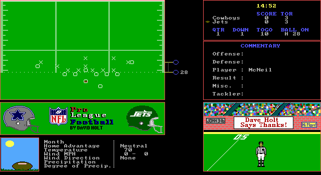 NFL Pro League Football (DOS) screenshot: McNeil has the ball... (EGA graphics mode)