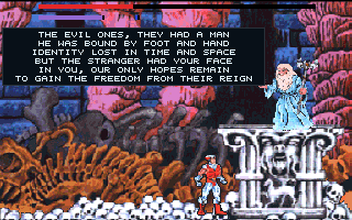 CyberGenic Ranger: Secret of the Seventh Planet (DOS) screenshot: The old man gives you some vital information. Press F5 near him to talk and don't try to shoot him or you are history.