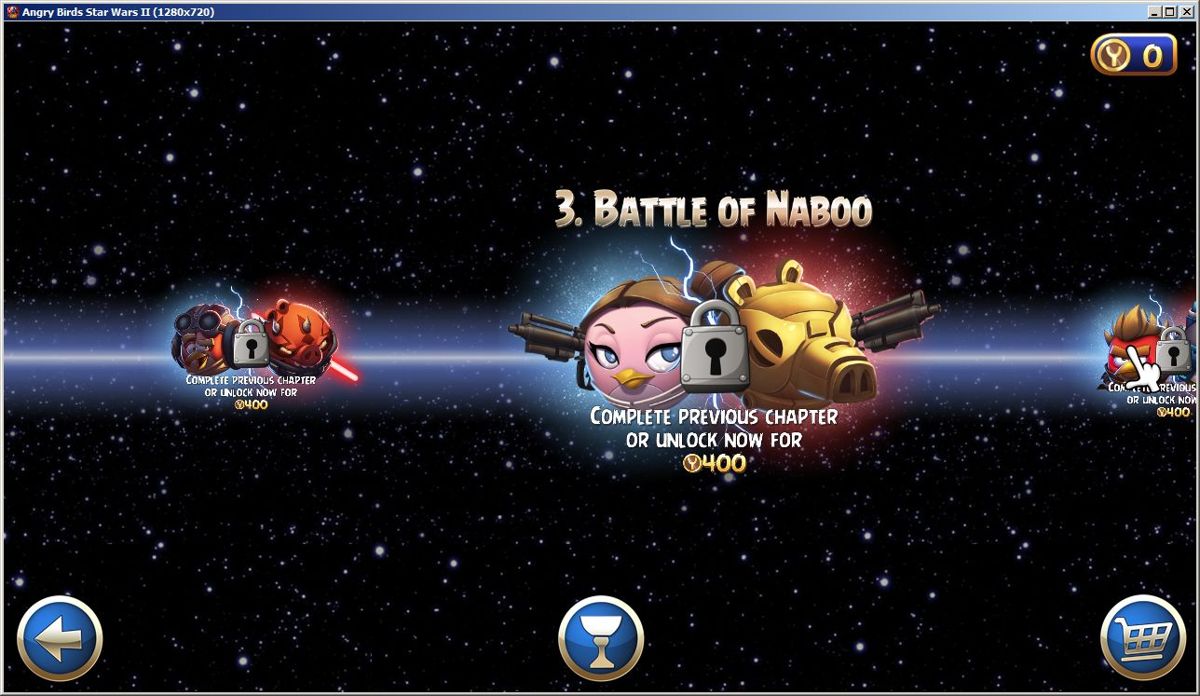 Angry Birds: Star Wars II (Windows) screenshot: This is the screen where the player accesses another puzzle world, these can be unlocked by clearing the previous level or by trading in some hard earned points