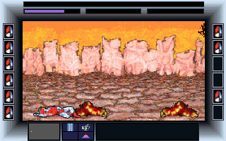 CyberGenic Ranger: Secret of the Seventh Planet (DOS) screenshot: Watch out! Try to avoid the fire emerging from the ground and keep moving to reach the cave where a giant snake awaits you!