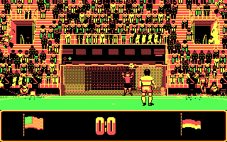 Rick Davis's World Trophy Soccer (DOS) screenshot: Taking a shot (CGA).