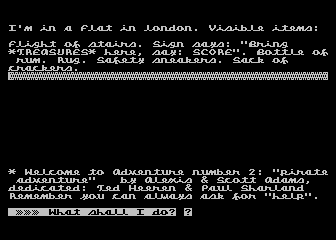 Pirate Adventure (Atari 8-bit) screenshot: Title screen and starting location