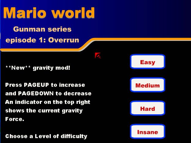 Mario World: Overrun (Browser) screenshot: Main game screen with four difficulty levels.