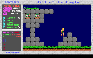 Jill of the Jungle (DOS) screenshot: Rock with eyes?! It must be a very endangered species...