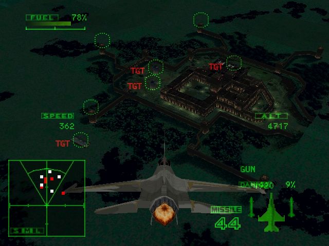 Ace Combat 2 (PlayStation) screenshot: I'm flying this sortie with the F-16 Fighting Falcon.