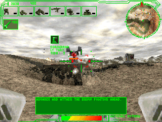 Uprising 2: Lead and Destroy (Windows) screenshot: Receiving instructions at the HUD (internal view)