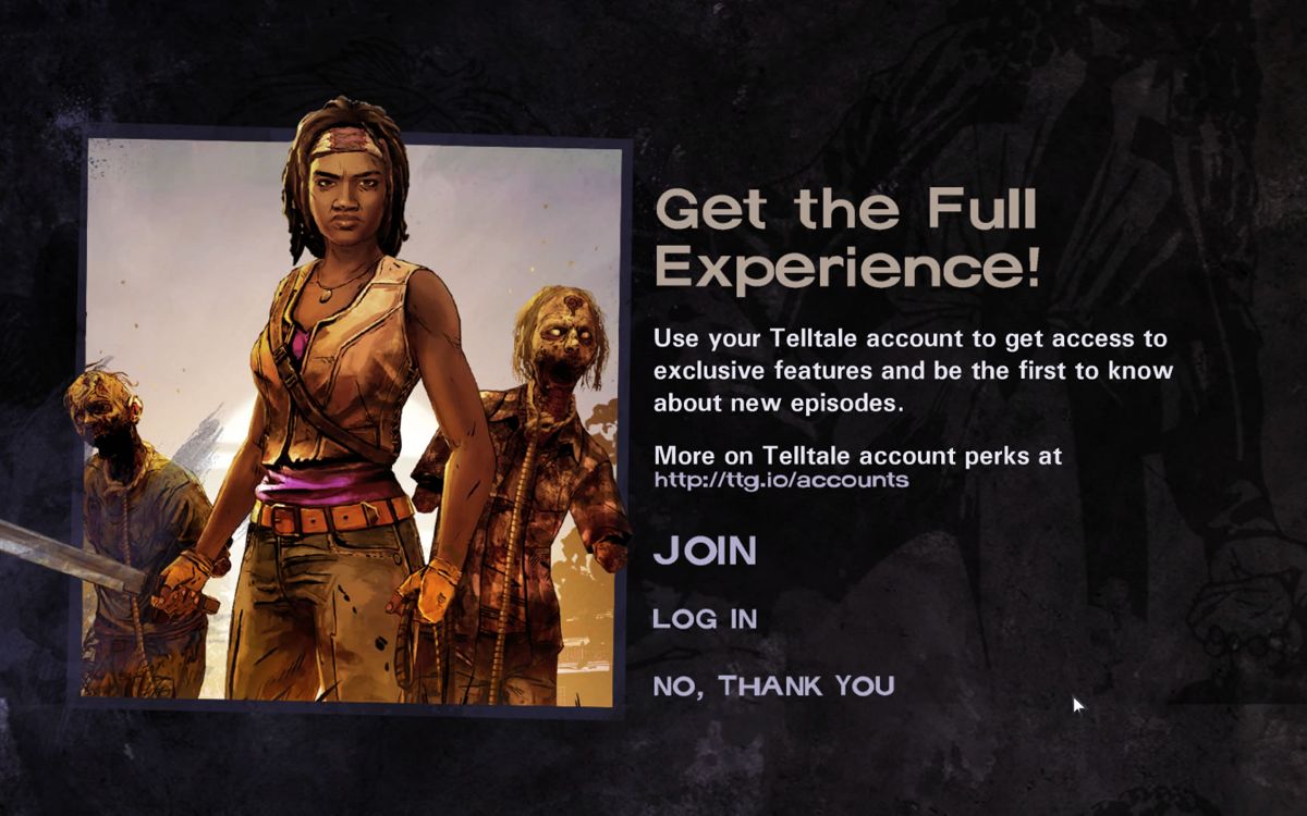 The Walking Dead: Michonne (Windows) screenshot: Episode 1 - You can optionally register a Telltale account