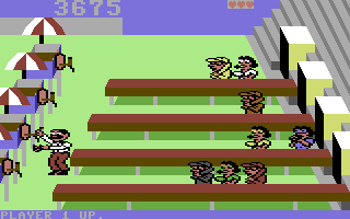 Tapper (Commodore 64) screenshot: A game in progress