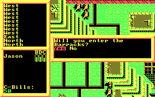 BattleTech: The Crescent Hawk's Inception (DOS) screenshot: I'm entering the barracks now. (CGA)