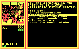 BattleTech: The Crescent Hawk's Inception (DOS) screenshot: Inside the Mechit-Lube (CGA)