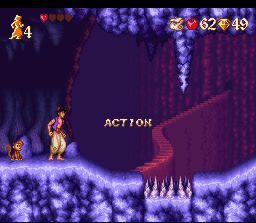 Disney's Aladdin (SNES) screenshot: The cave has a beautiful background.