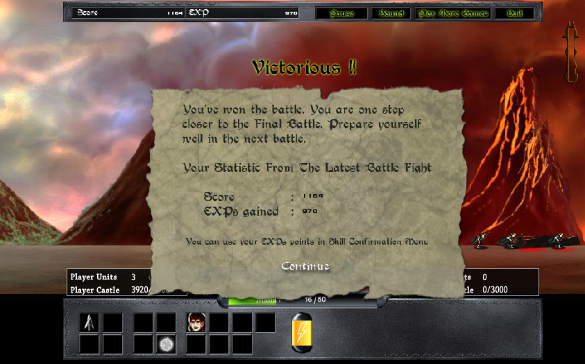Epic War (Browser) screenshot: Victory screen after the player won a battle