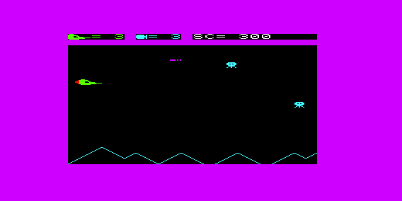 Jupiter Defender (VIC-20) screenshot: One of the aliens has fired a shot