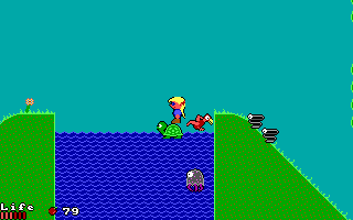 ElfLand (DOS) screenshot: Relying on friendly turtles and jellyfish to cross bodies of water