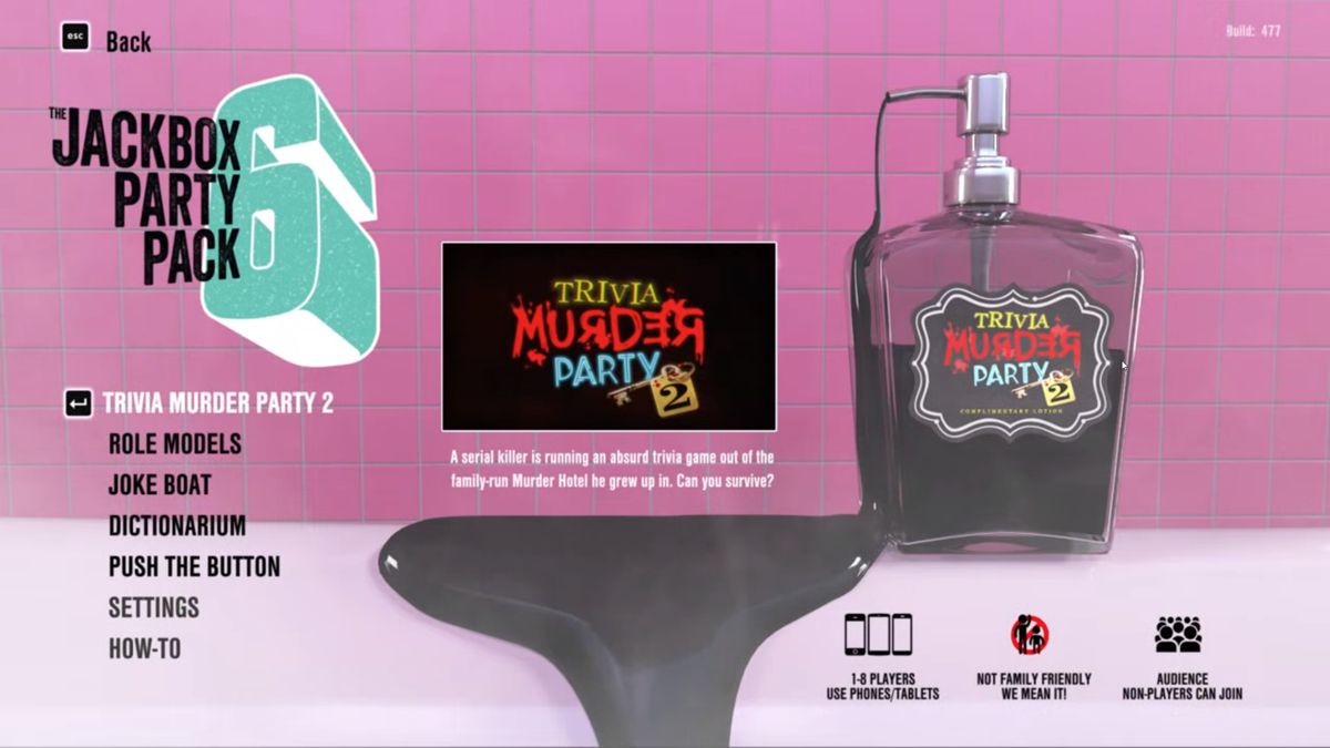 The Jackbox Party Pack 6 (Stadia) screenshot: Main menu where the different games are selected.